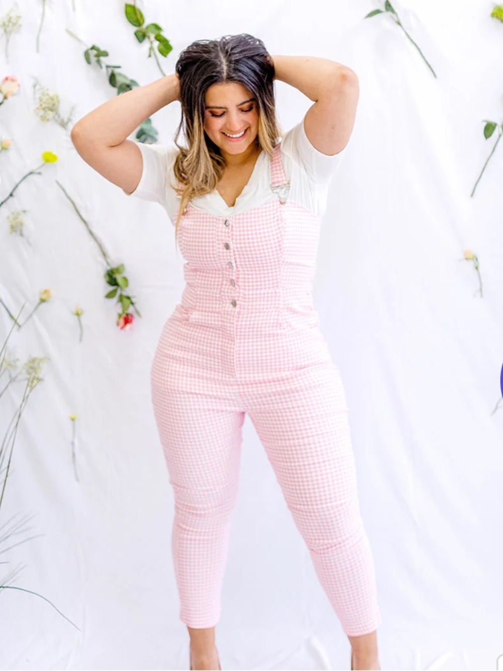 Unique Vintage Pink & White Gingham Overall Jumpsuit Romper Size XL